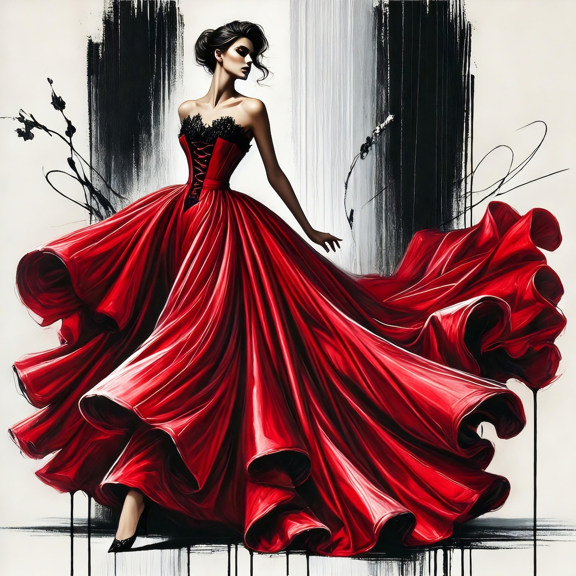 Flowing Red Satin Gown Haute Couture Fashion Illustration Poster