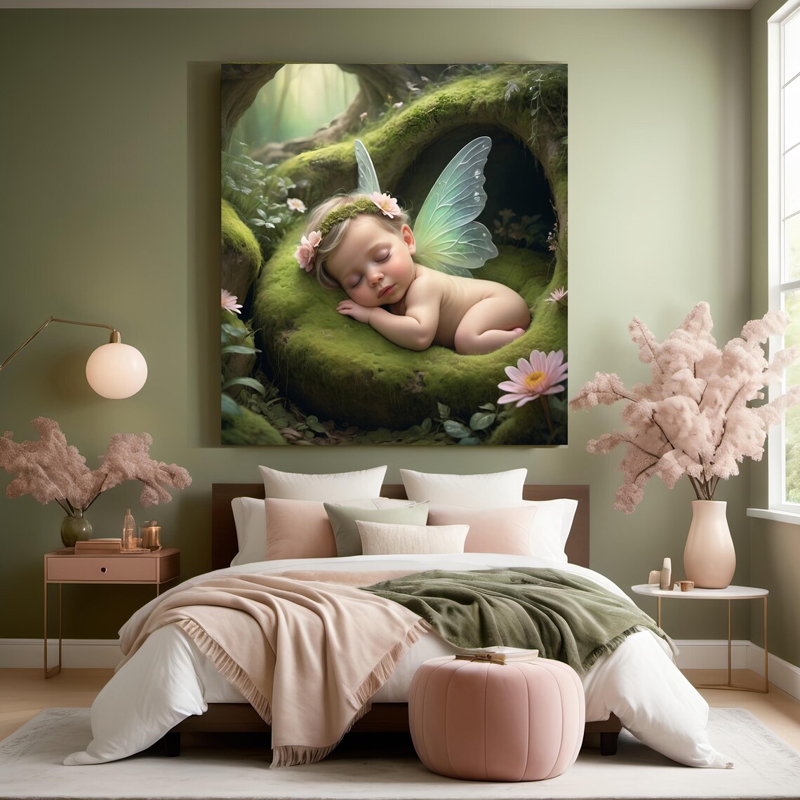 Sleeping Baby Fairy on Moss Ethereal Forest Nursery Art Print - Image 2