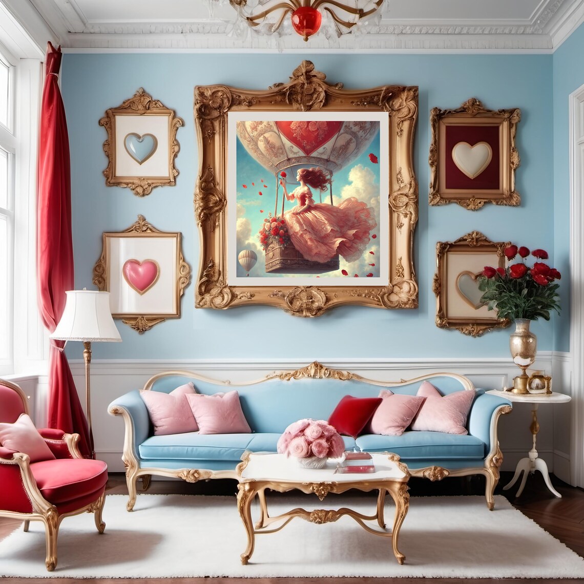 Romantic Rose Hot Air Balloon Lady In The Clouds Valentine Poster - Image 2