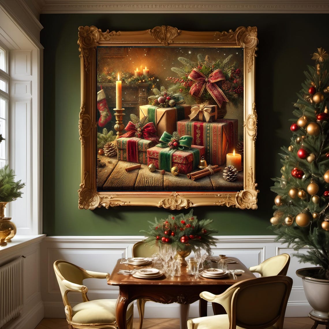 Christmas Presents Fireplace Mantel Candles Stocking Holiday Poster - Image 2