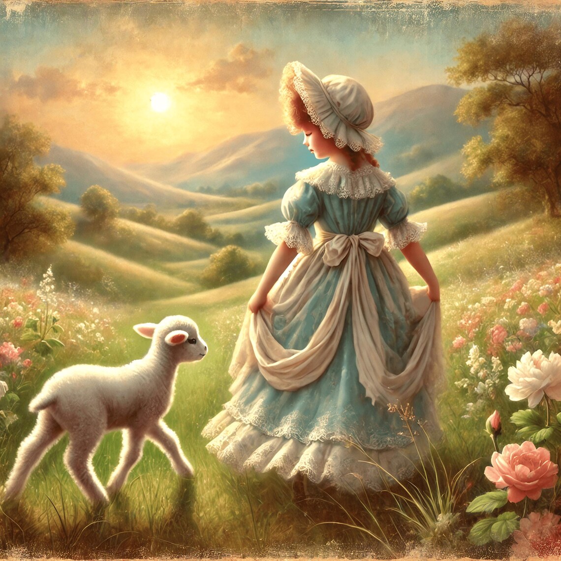 Mary Had A Little Lamb Golden Sunset Meadow Stroll Art Poster