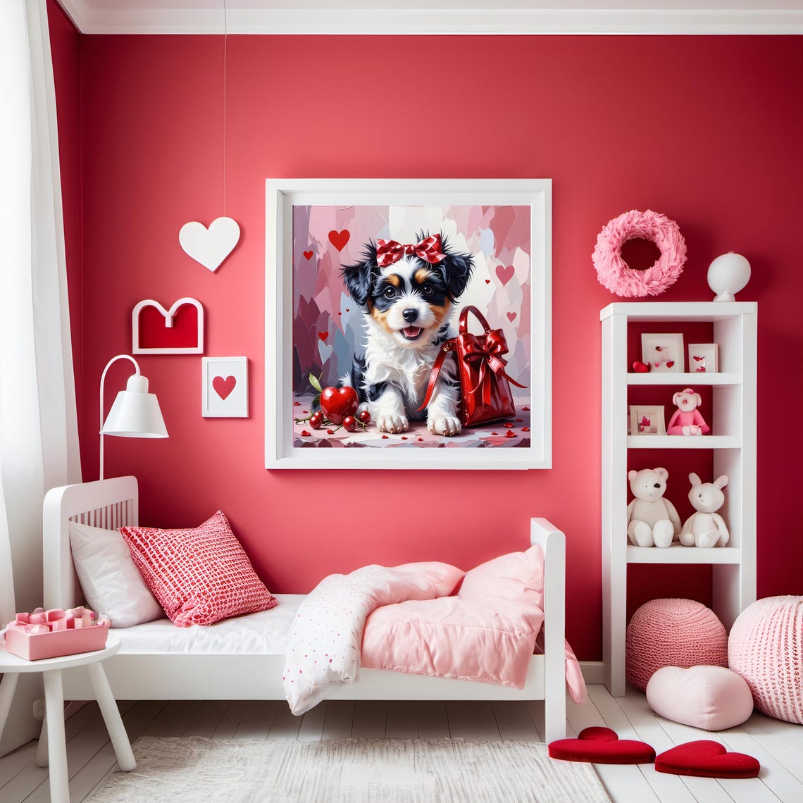 Cute Puppy With Red Gift Bag Hearts Adorable Valentines Day Print - Image 2