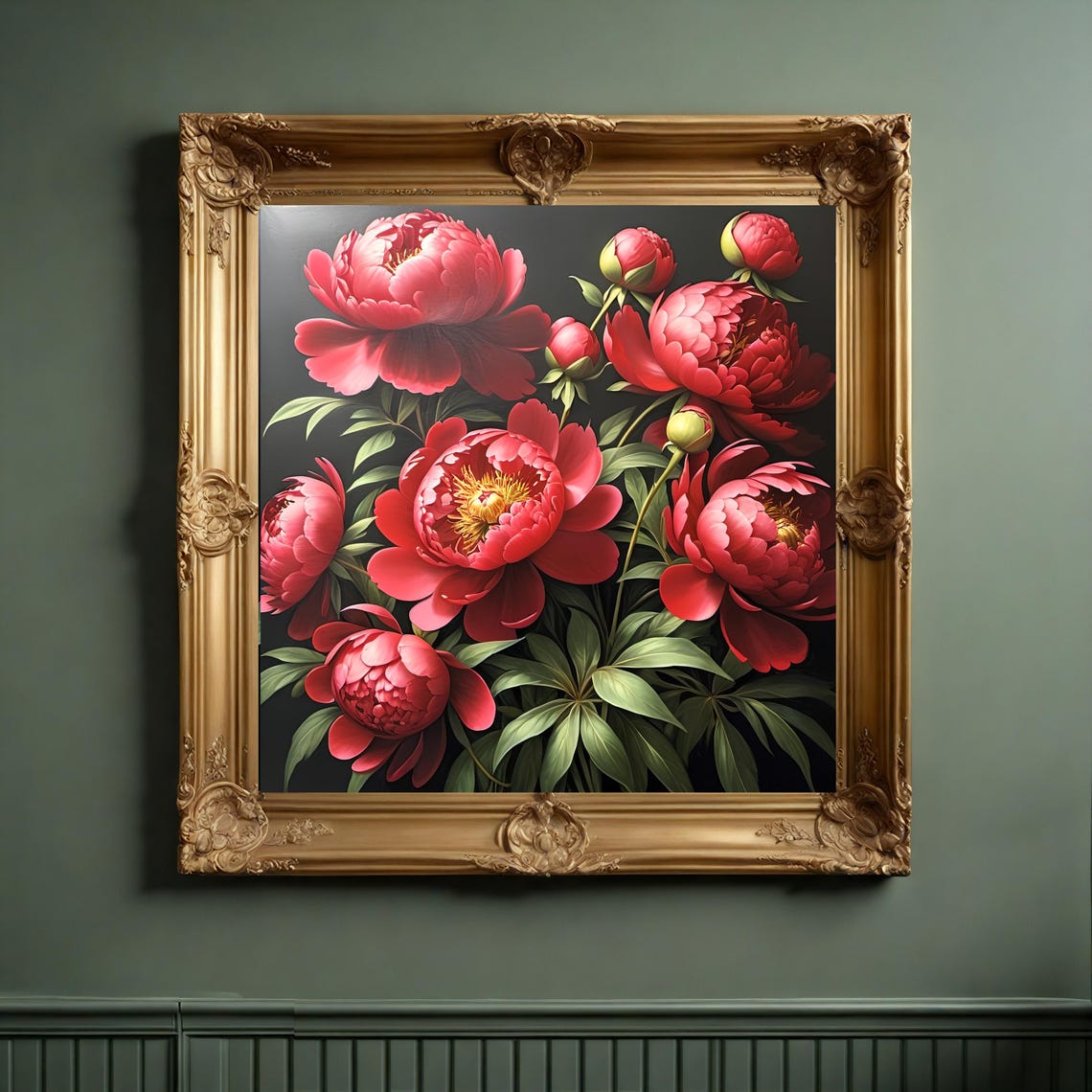 Bold Red Peony Full Blooms Dramatic Rich Floral Vintage Poster - Image 3
