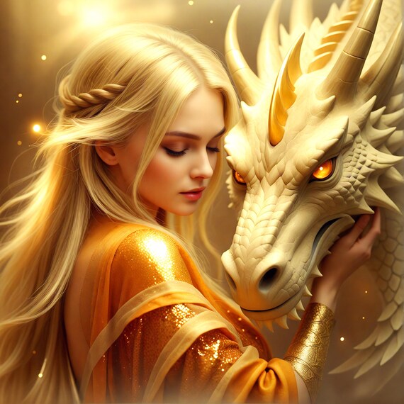 Sorceress And Dragon Art Print Golden Fantasy Artwork Enchanting Painting Majestic Dragon Print For Home Decor