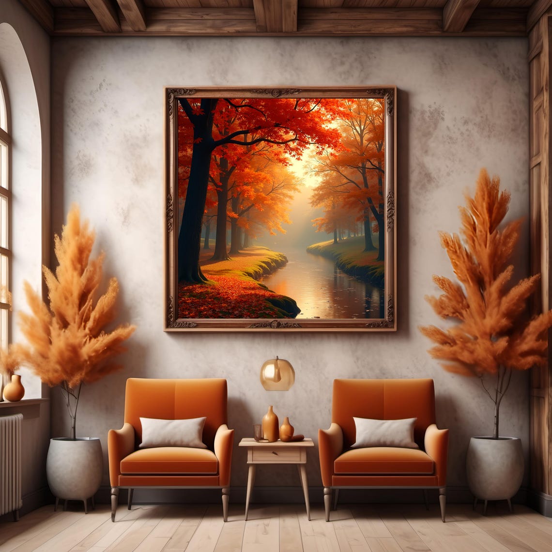 Autumn Forest River Misty Morning Red Maple Leaves Nature Poster - Image 3