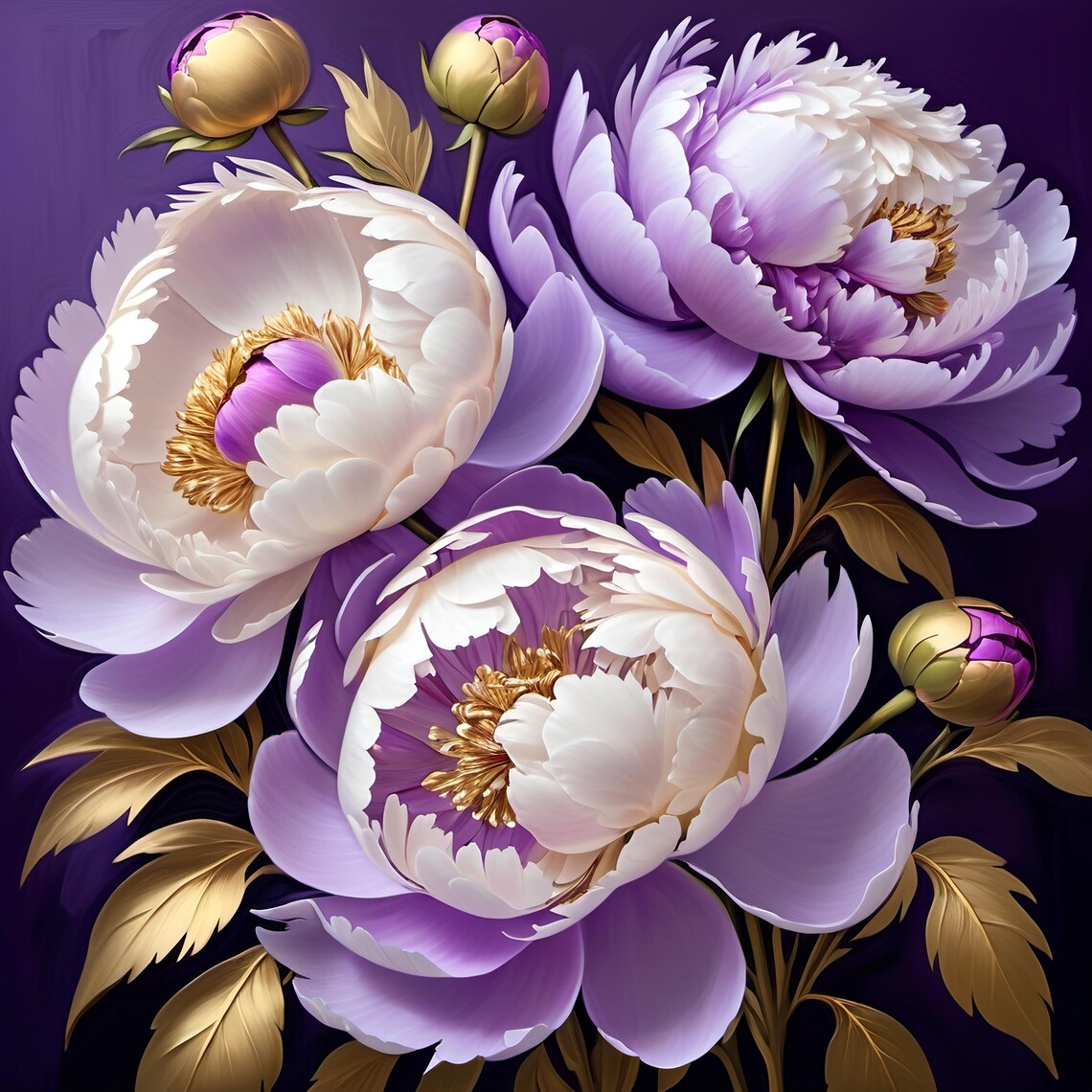 Lavender White Peony Flowers Gold Leaves Dark Moody Art Poster