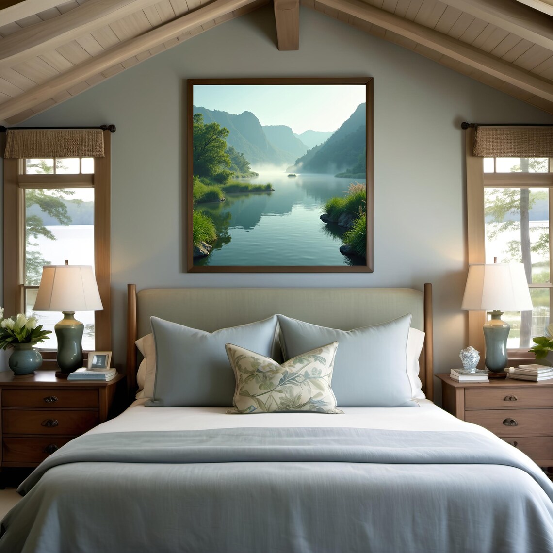 Tranquil Pond, Misty Landscape Art Print - Image 2