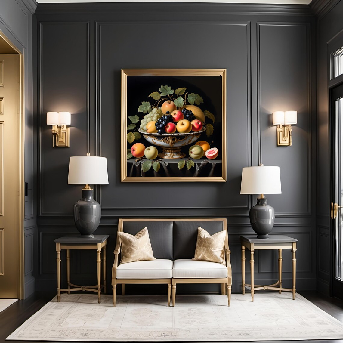 Baroque Still Life of Fruit in Ornate Porcelain Compote Dark Print - Image 2