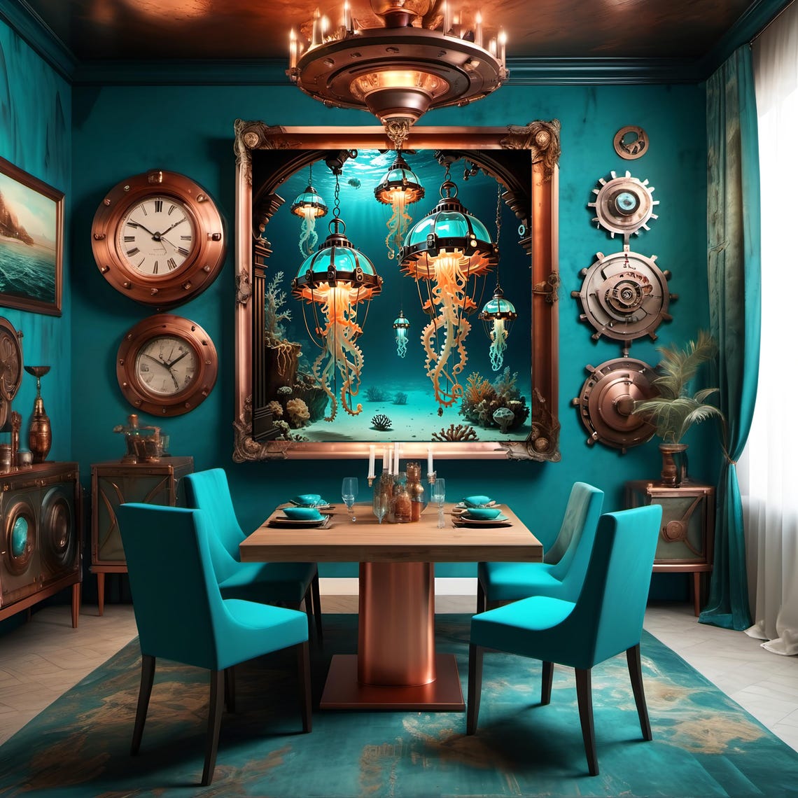 Steampunk Jellyfish Lantern Print Nautical Fantasy Wall Art Turquoise And Bronze Sci Fi Artwork For Steampunk Lover Gift Idea - Image 3
