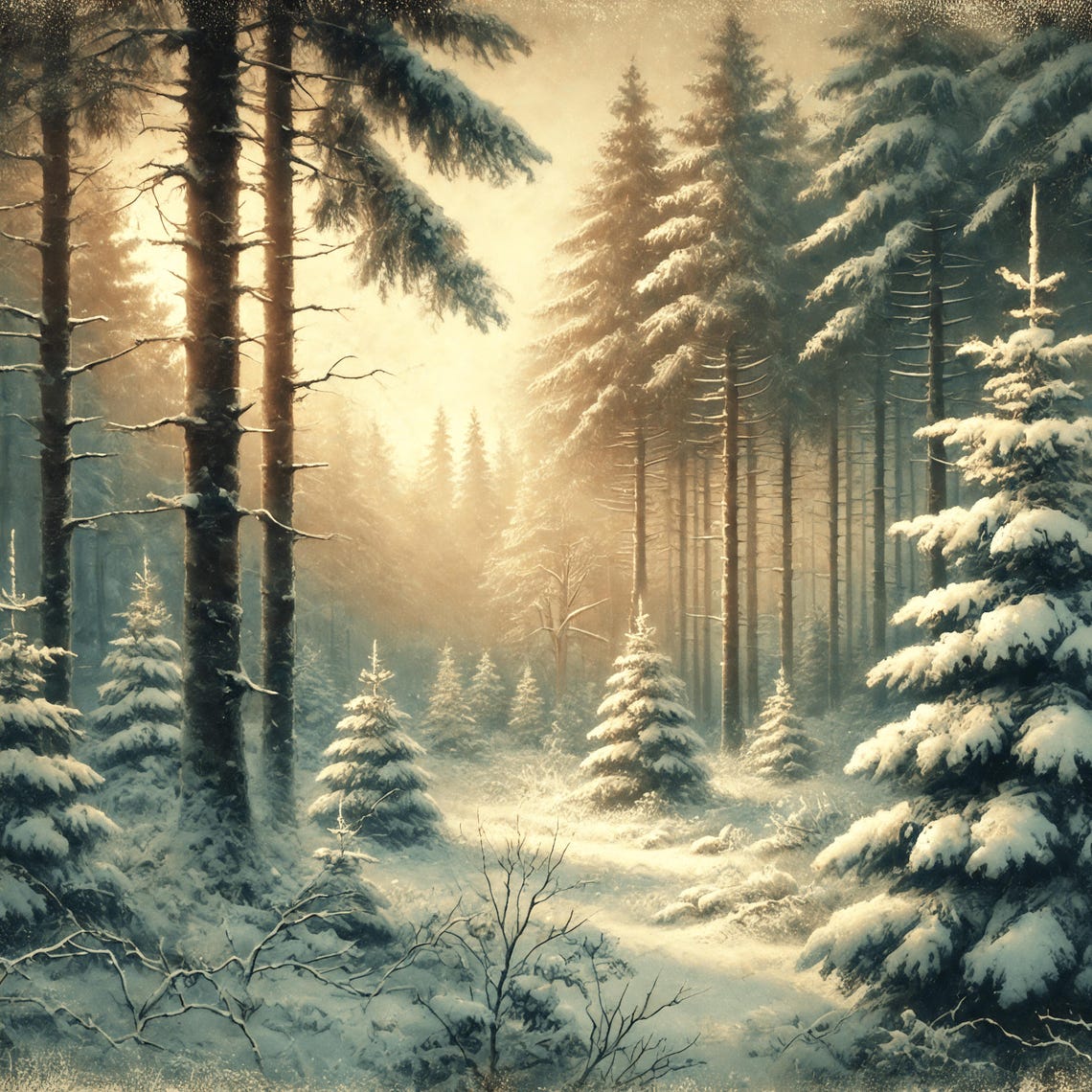Sunlit Snowy Pine Forest Path Golden Glow Vintage Winter Poster