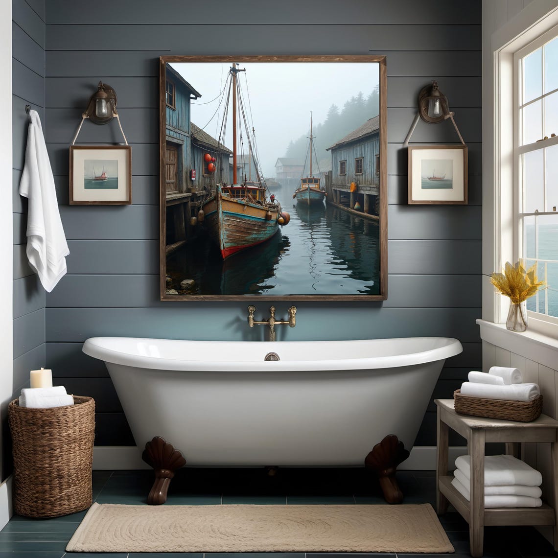 Rustic Foggy Wharf Weathered Wooden Boats Vintage Dock Scene Poster - Image 2