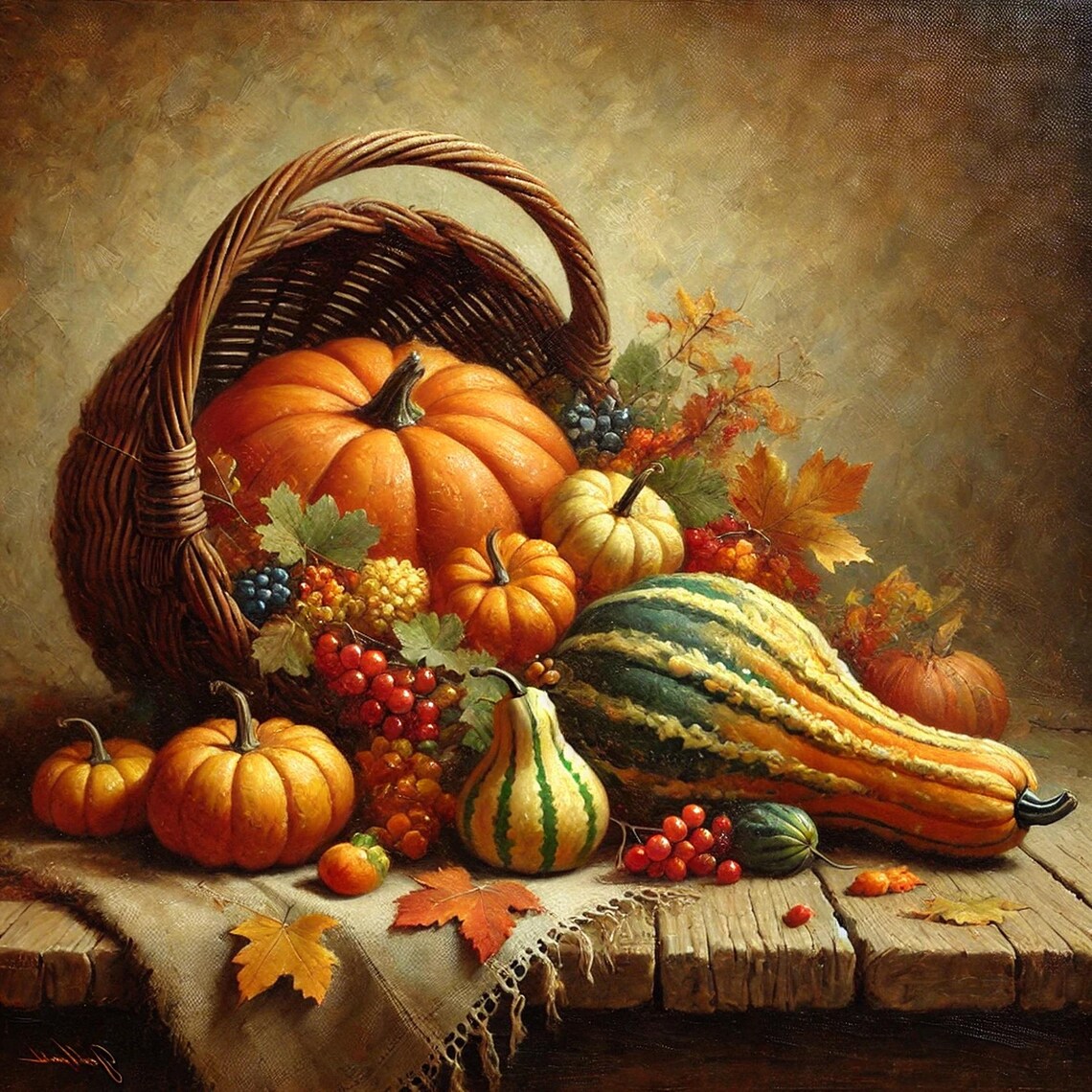Harvest Basket Spilling Pumpkins Gourds Fall Leaves Still Life Poster