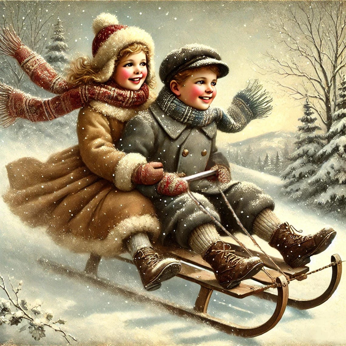 Nostalgic Winter Sled Ride Through The Snow Vintage Kids Art Poster