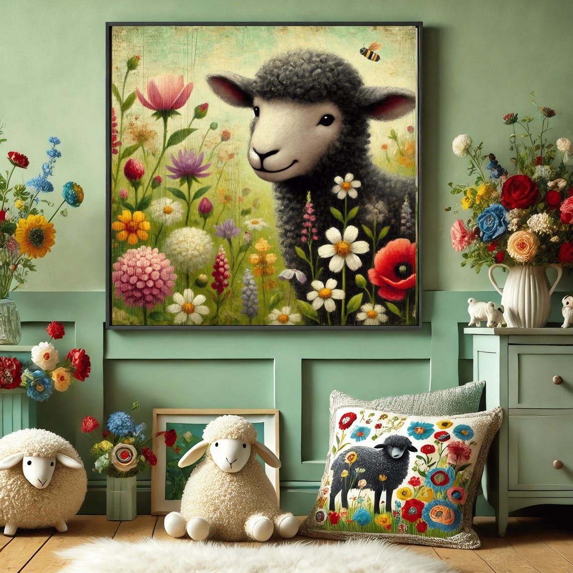 Baa Baa Black Sheep Wildflower Meadow Close Up Nursery Art Poster - Image 3