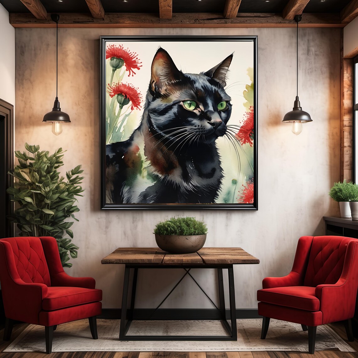 Black Cat Green Eyes Watercolor Portrait with Red Blooms Print - Image 3