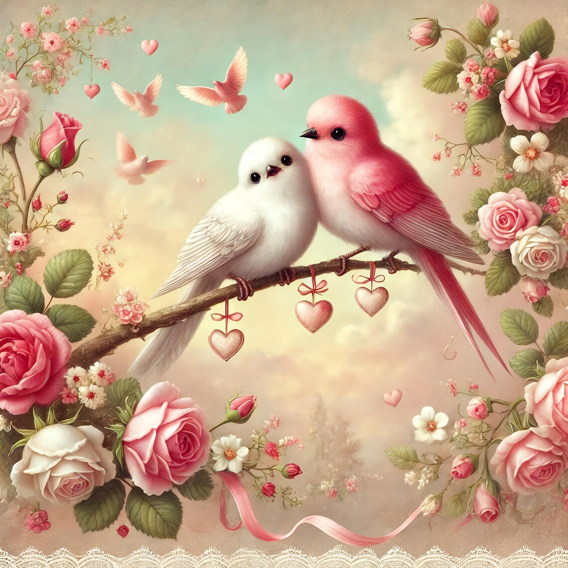 Romantic Lovebirds Vintage Valentine Art Print