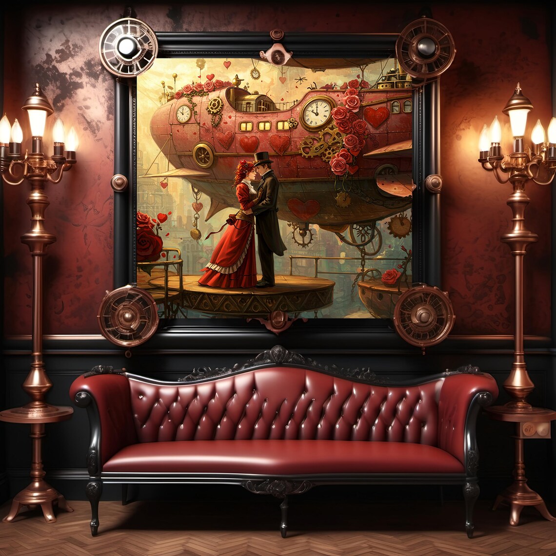 Steampunk Romance Airship Victorian Couple Hearts Clockwork Poster - Image 3