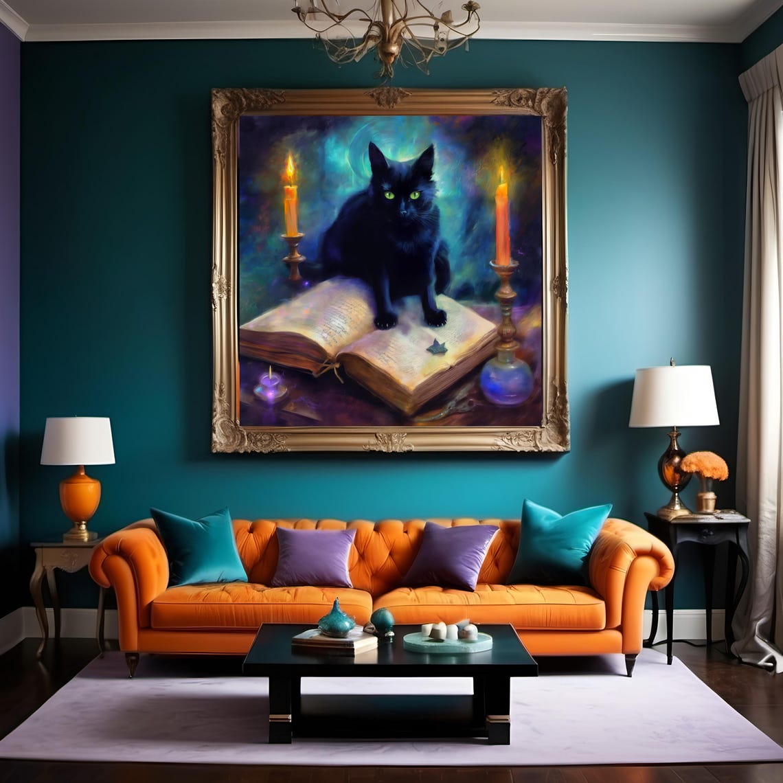 Black Cat Magic Book Candles Mystical Teal Witchy Halloween Poster - Image 2