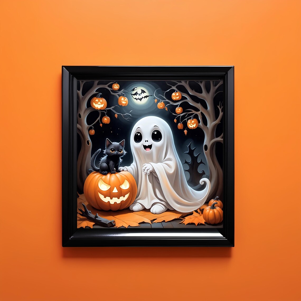 Cute Halloween Ghost With Black Kitten And Jack O Lanterns Night Poster - Image 3