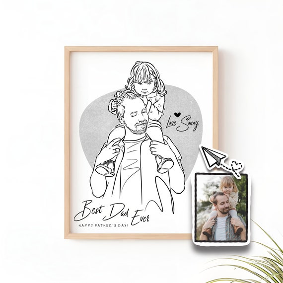 Custom Dad And Daughter Line Art Drawing Unique Fathers Day Portrait Minimalist New Grandpa Stepdad Birthday Anniversary Family Gift