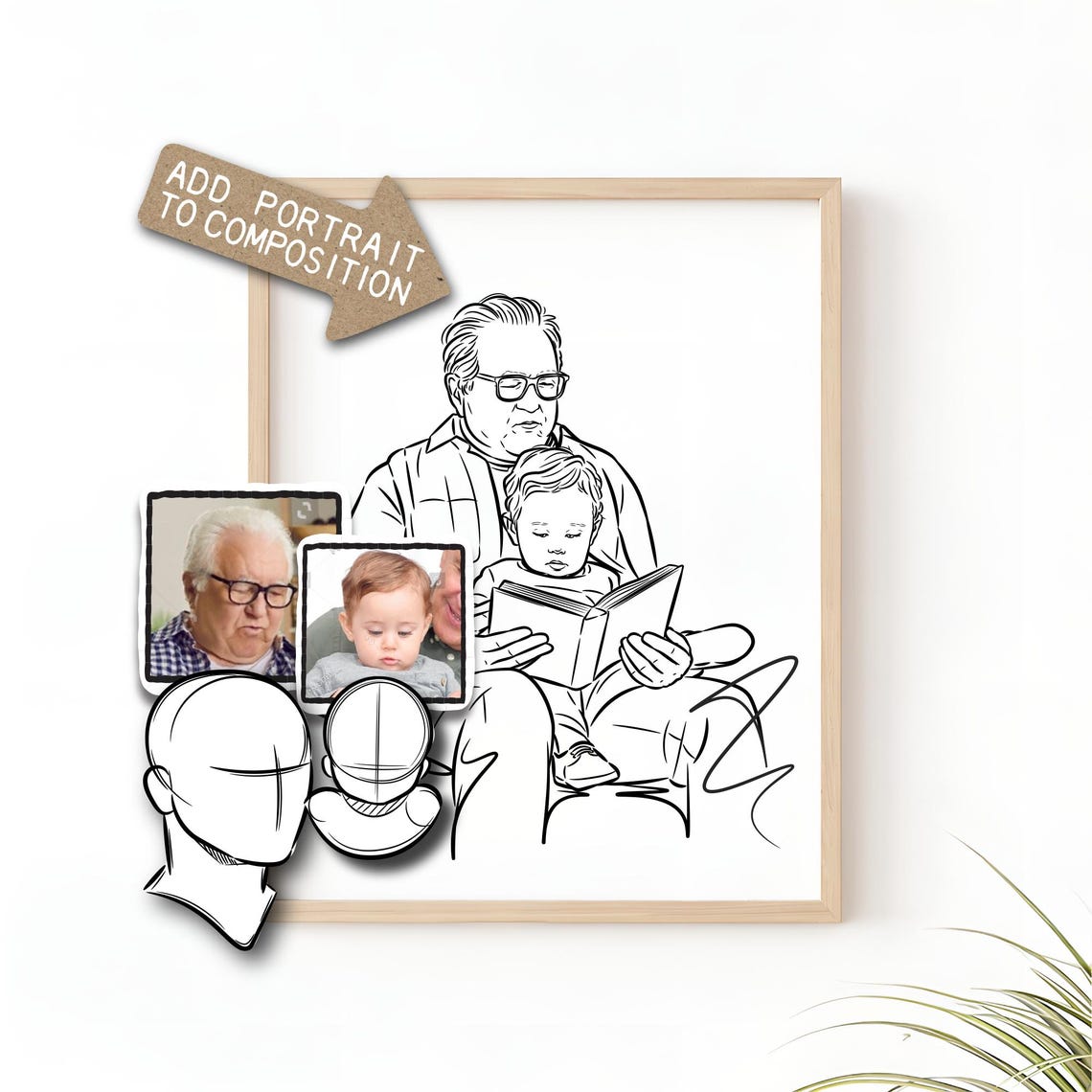 Custom Grandpa Reading to Child Line Art Portrait Keepsake Poster