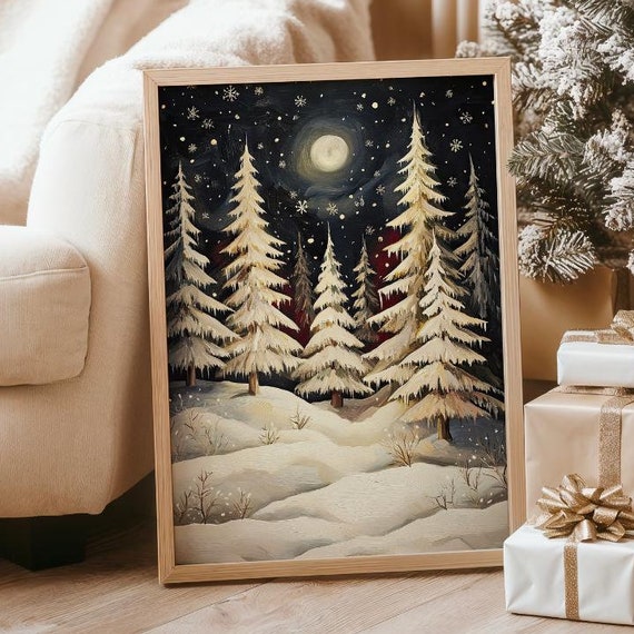 Christmas Tree Art Print Pine Forest Winter Scene Moody Neutral Holiday Wall Art Rustic Farmhouse Christmas Decor Cozy Winter Print