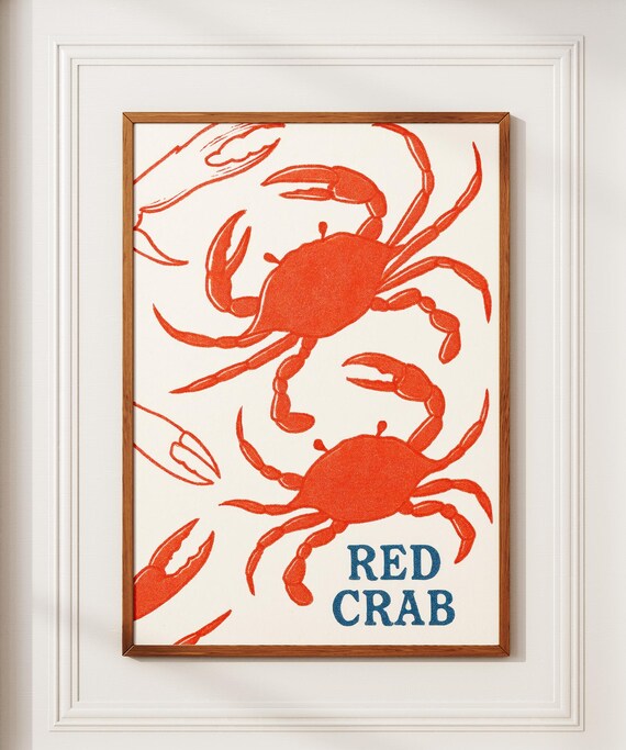 Red Crab Print Tin Vintage Poster Retro Wall Art Fish Eclectic Colorful Kitchen Maximalist Gift