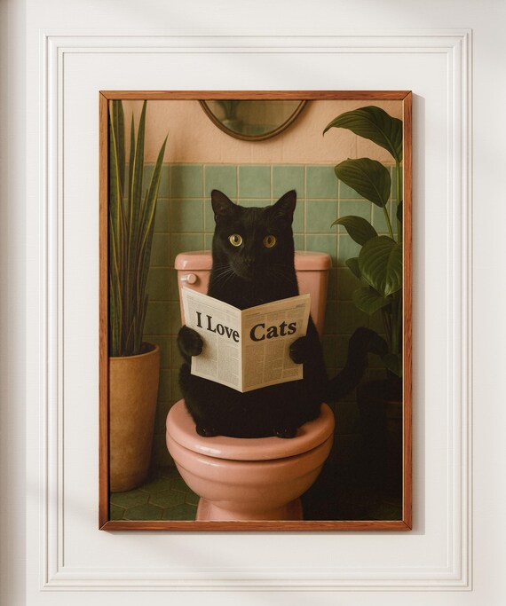 Bathroom Cat Print Funny Posters Wall Decor Pooping Toilet Art Poster