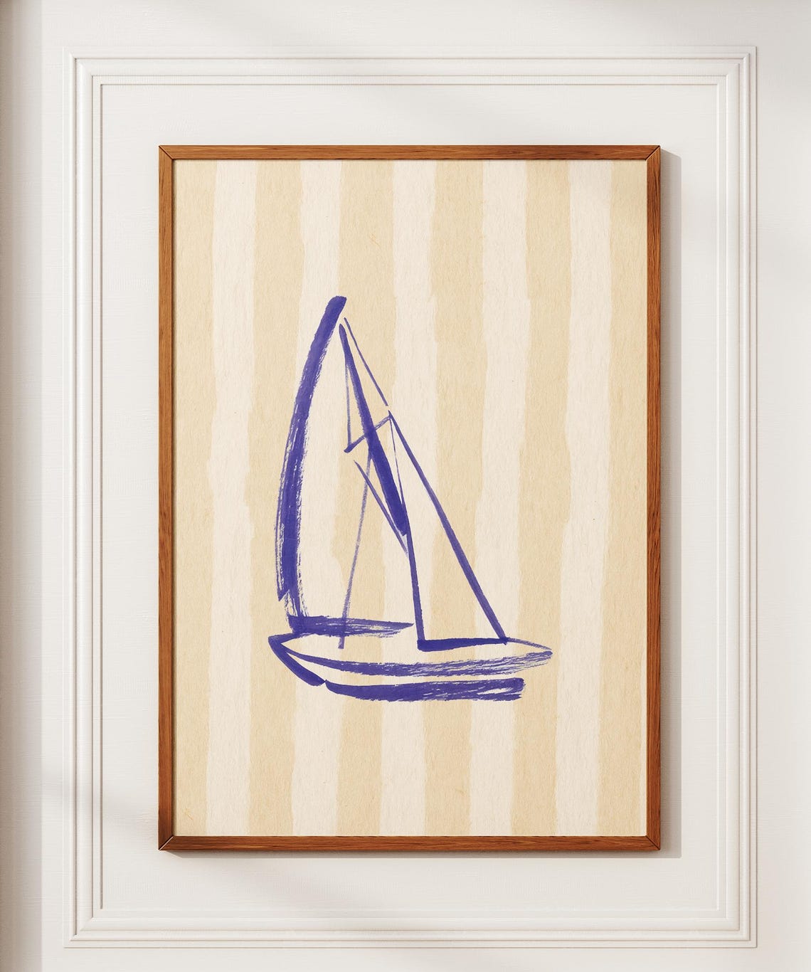 Purple Sailboat Brush Sketch Cream Striped Minimal Coastal Wall Art