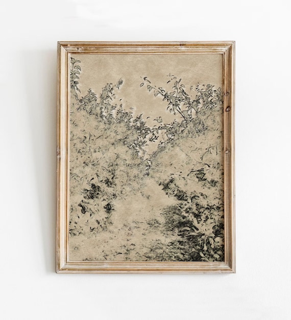Vintage Beige Botanical Print Distressed Floral Antique Bush Poster Sketch Wall Art Timeless Neutral Decor Tan Meadow Drawing