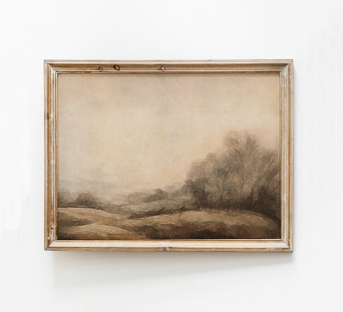 Moody Beige Abstract Landscape Painting With Misty Trees Neutral Wall Art