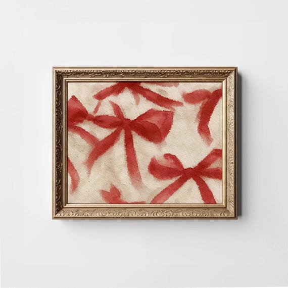 Red Bow Painting Abstract Ribbon Wall Art Vintage Coquette Print Classic Holiday Decor Modern Christmas Xmas
