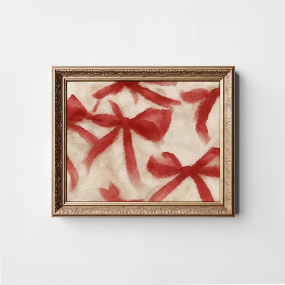 Red Bow Watercolor Abstract Ribbon Coquette Vintage Wall Art