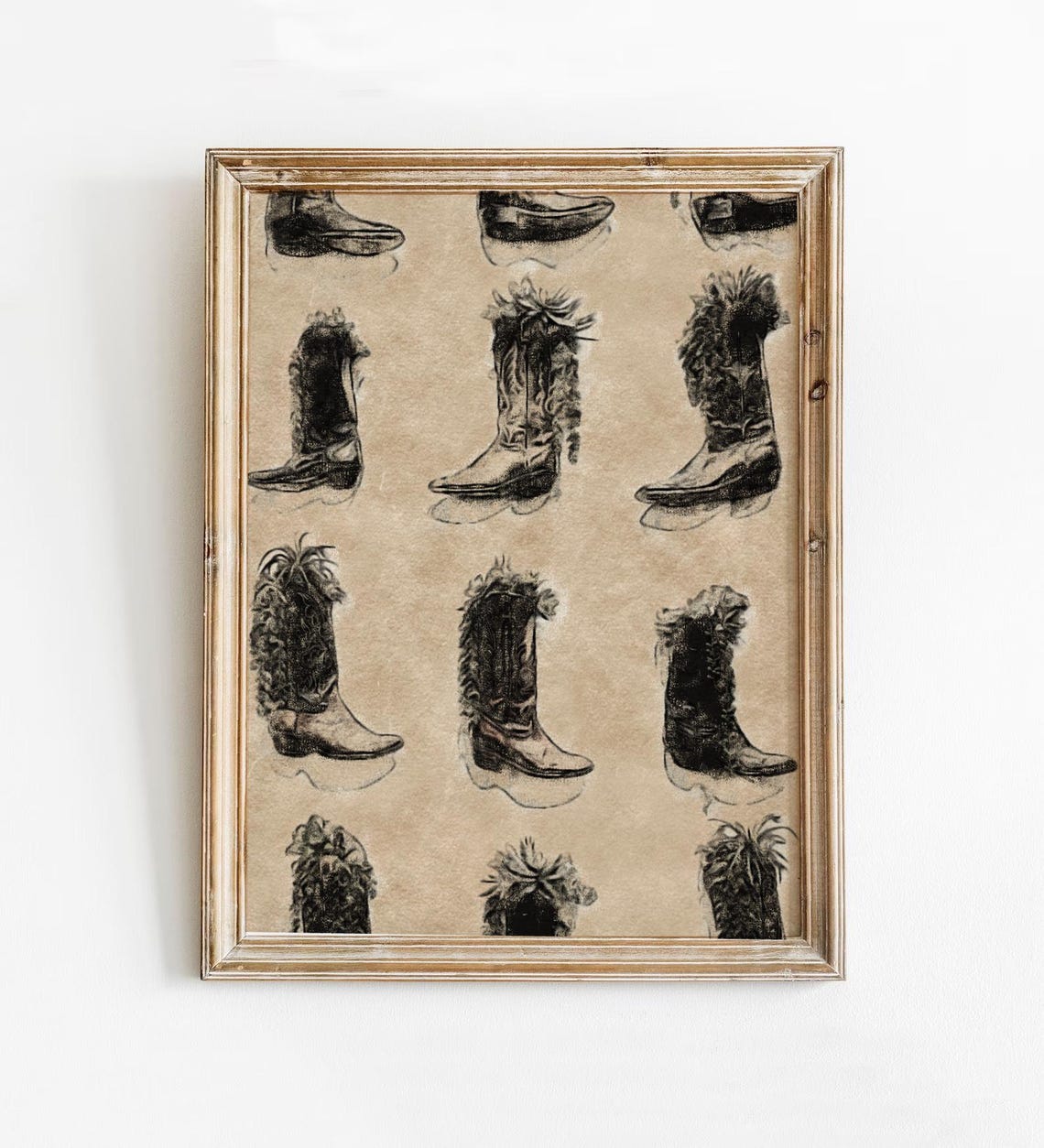 Vintage Cowboy Boots Print Beige Shoes Sketch Fashion Drawing Wall Decor Poster Country Girls Dorm Room Art Cowgirl