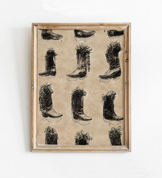Vintage Cowboy Boots Print Beige Shoes Sketch Fashion Drawing Wall Decor Poster Country Girls Dorm Room Art Cowgirl