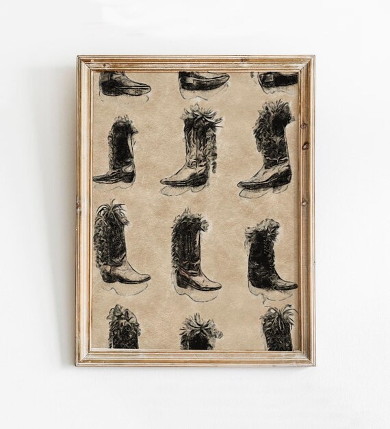 Vintage Cowboy Boots Sketch Grid Sepia Western Fashion Art Poster