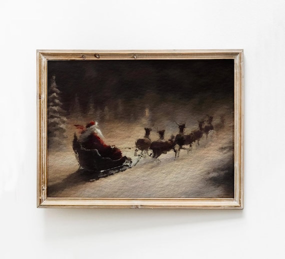 Santa Claus In His Sleigh With Reindeer Moody Christmas Night Poster