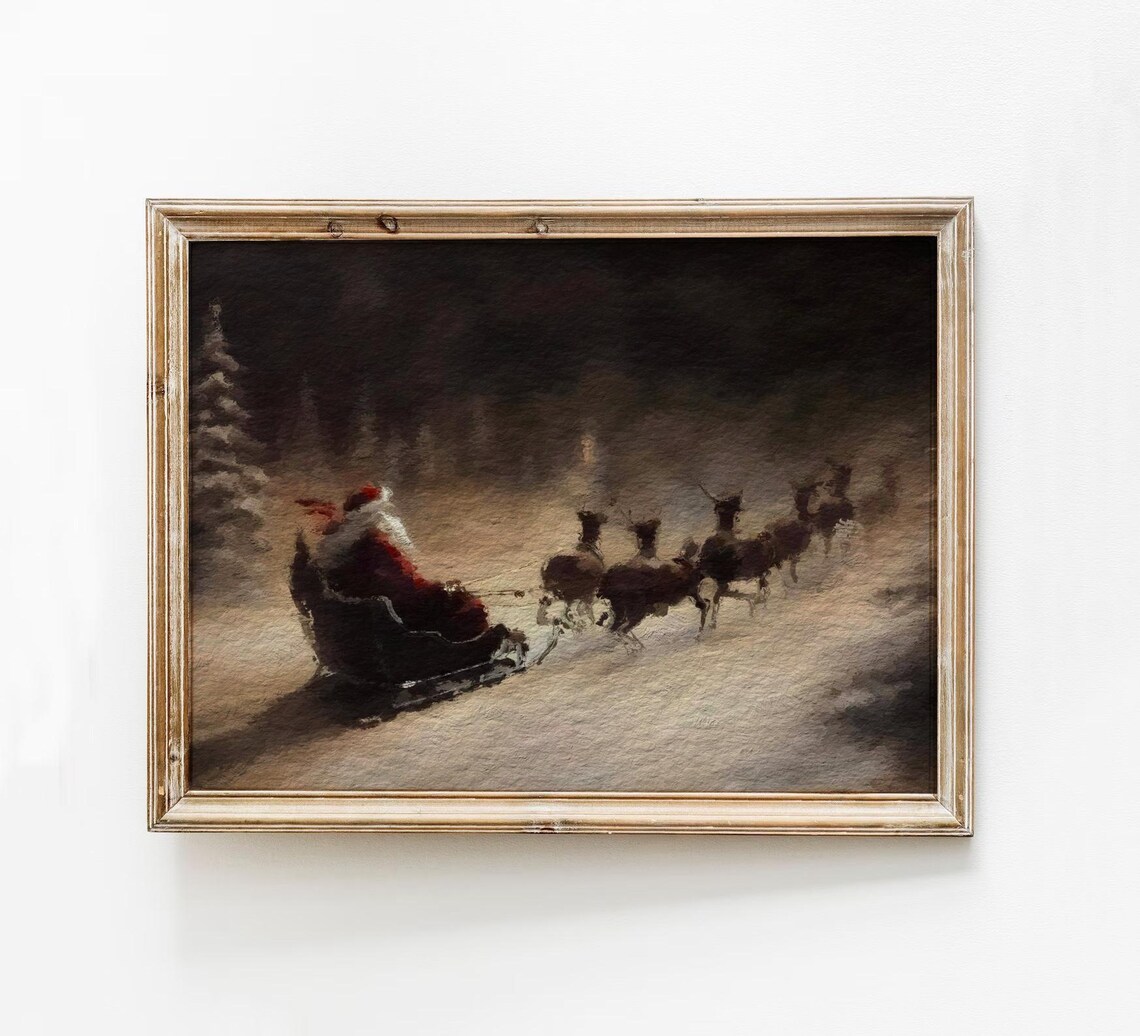 Santa Claus In His Sleigh With Reindeer Moody Christmas Night Poster
