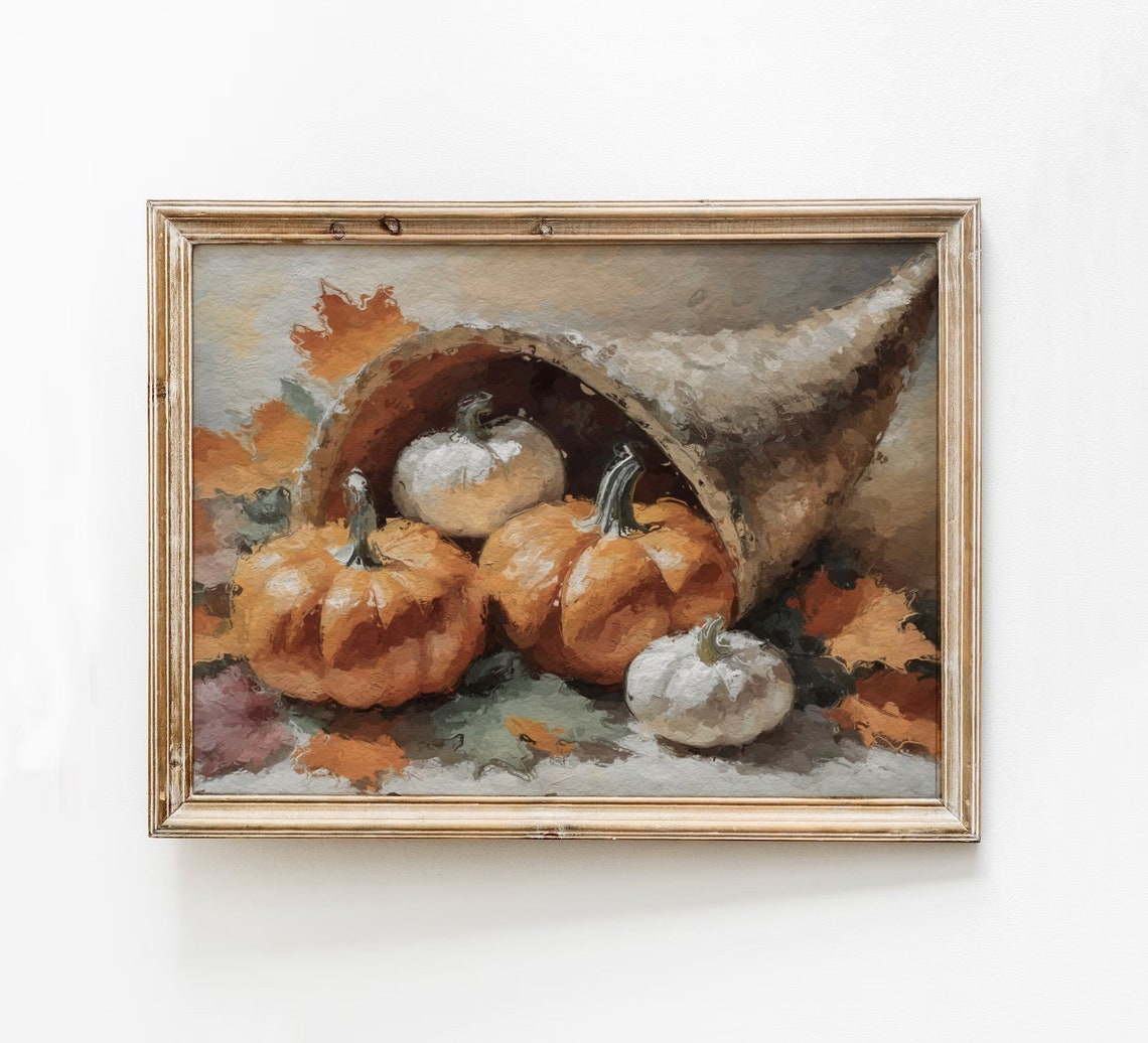 Moody Cornucopia Print Abstract Autumn Wall Art Modern Fall Thanksgiving Still Life And Pumpkins