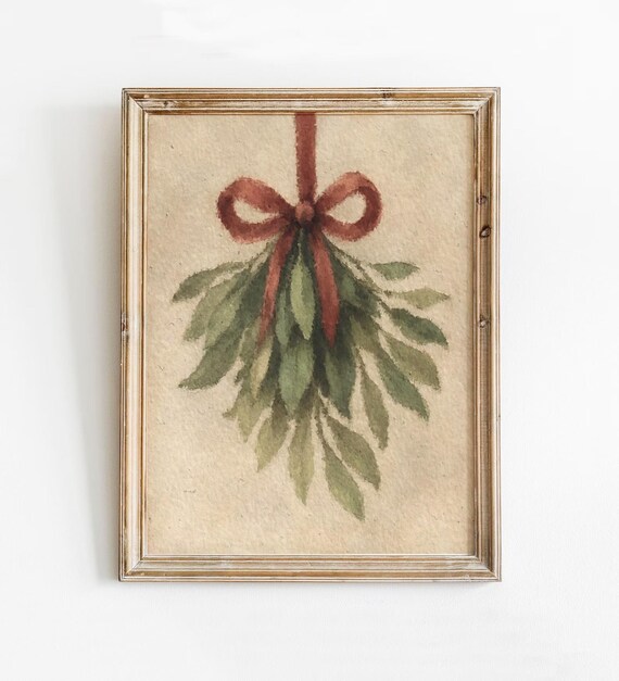 Vintage Mistletoe Sprig Red Ribbon Bow Christmas Holiday Poster