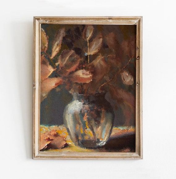 Brown Stems Still Life Painting Rustic Fall Art Moody Vintage Print Autumn Wall Decor Leaves Instant