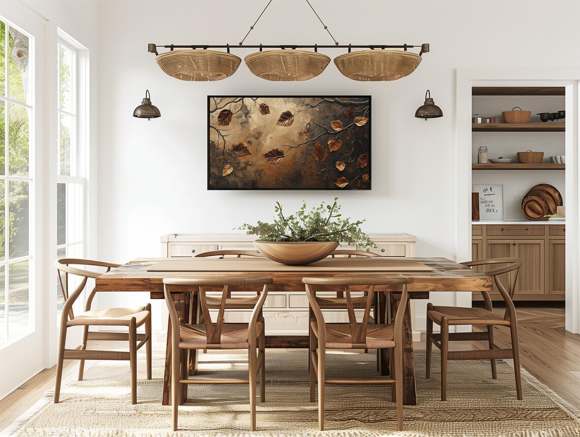 Golden Bronze Autumn Leaves Branch Textured Metallic Neutral Wall Art - Image 3