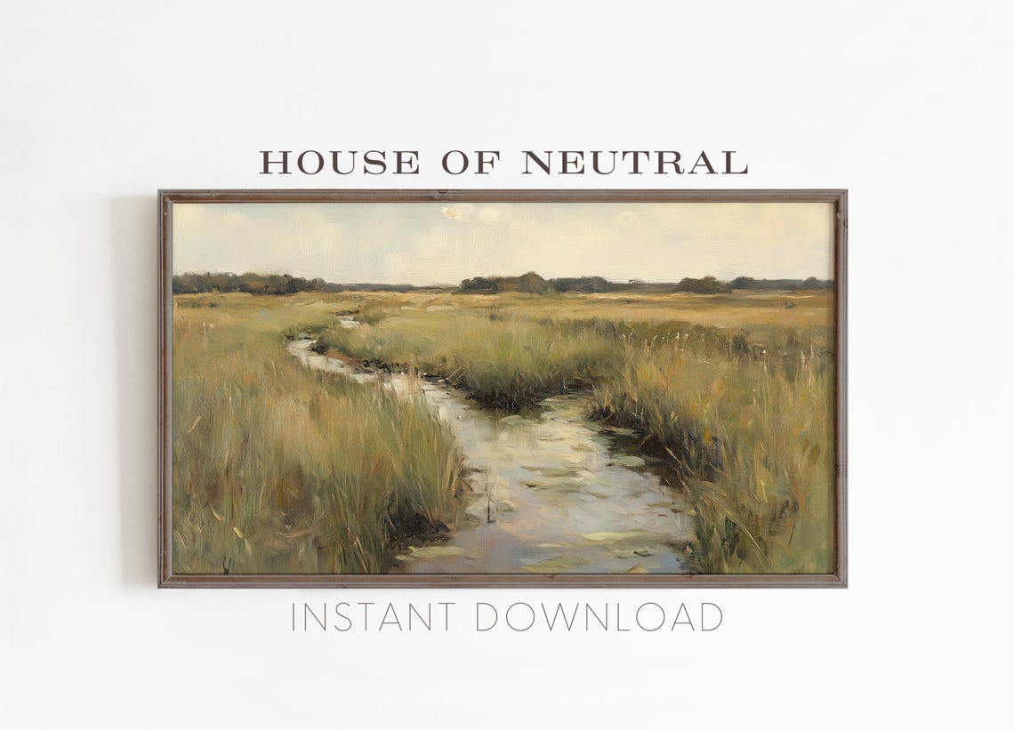 Frame Tv Art Green Marshland Textured Oil Painting Rustic Vintage Art Dark Moody Fine Art Sage Green Art 169 Ratio Tv58