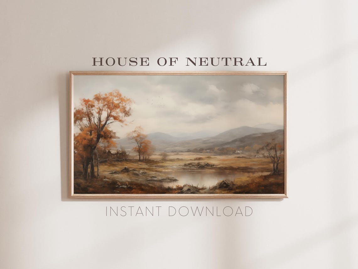 Muted Autumn Valley Lake Misty Mountains Orange Trees Vintage Wall Art - Image 2
