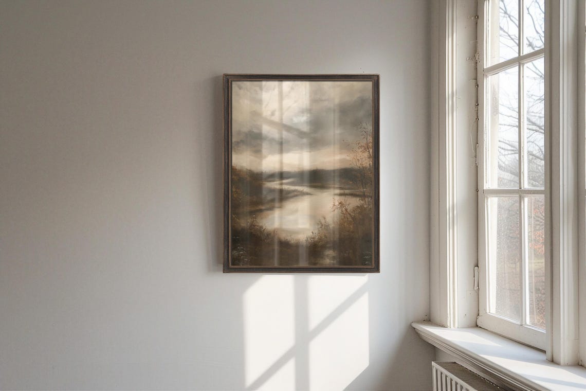 Moody Overcast River Marsh Sepia Landscape Vintage Painterly Wall Art - Image 2