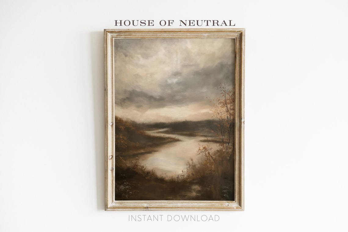 Moody Overcast River Marsh Sepia Landscape Vintage Painterly Wall Art