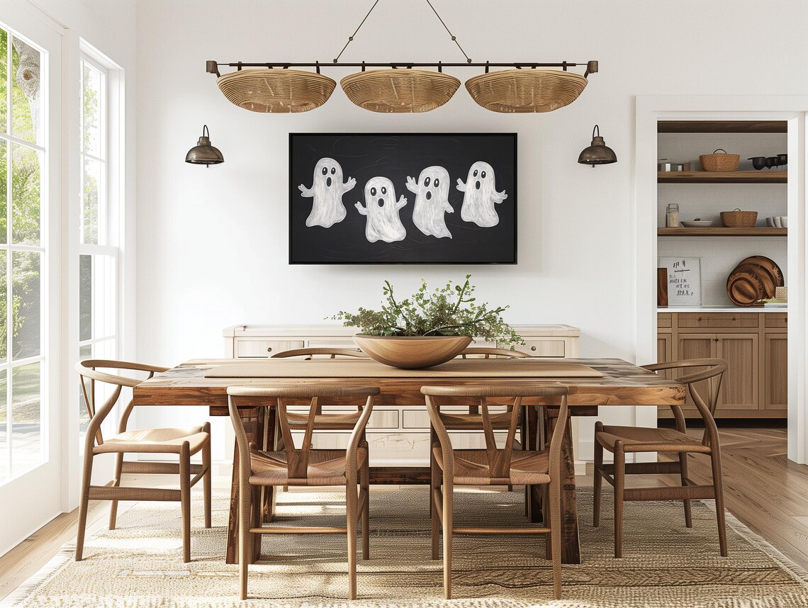 Cute White Ghosts Black Chalkboard Halloween Farmhouse Decor Art Poster - Image 2