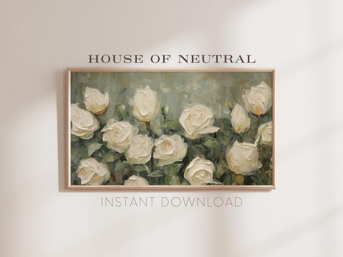 White Roses Impasto Oil Painting Sage Green Textured Floral Art Poster - Image 2