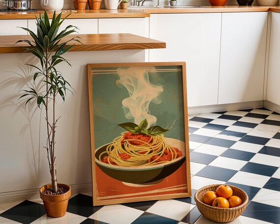 Retro Steaming Spaghetti Bowl Italian Kitchen Dinner Decor Poster