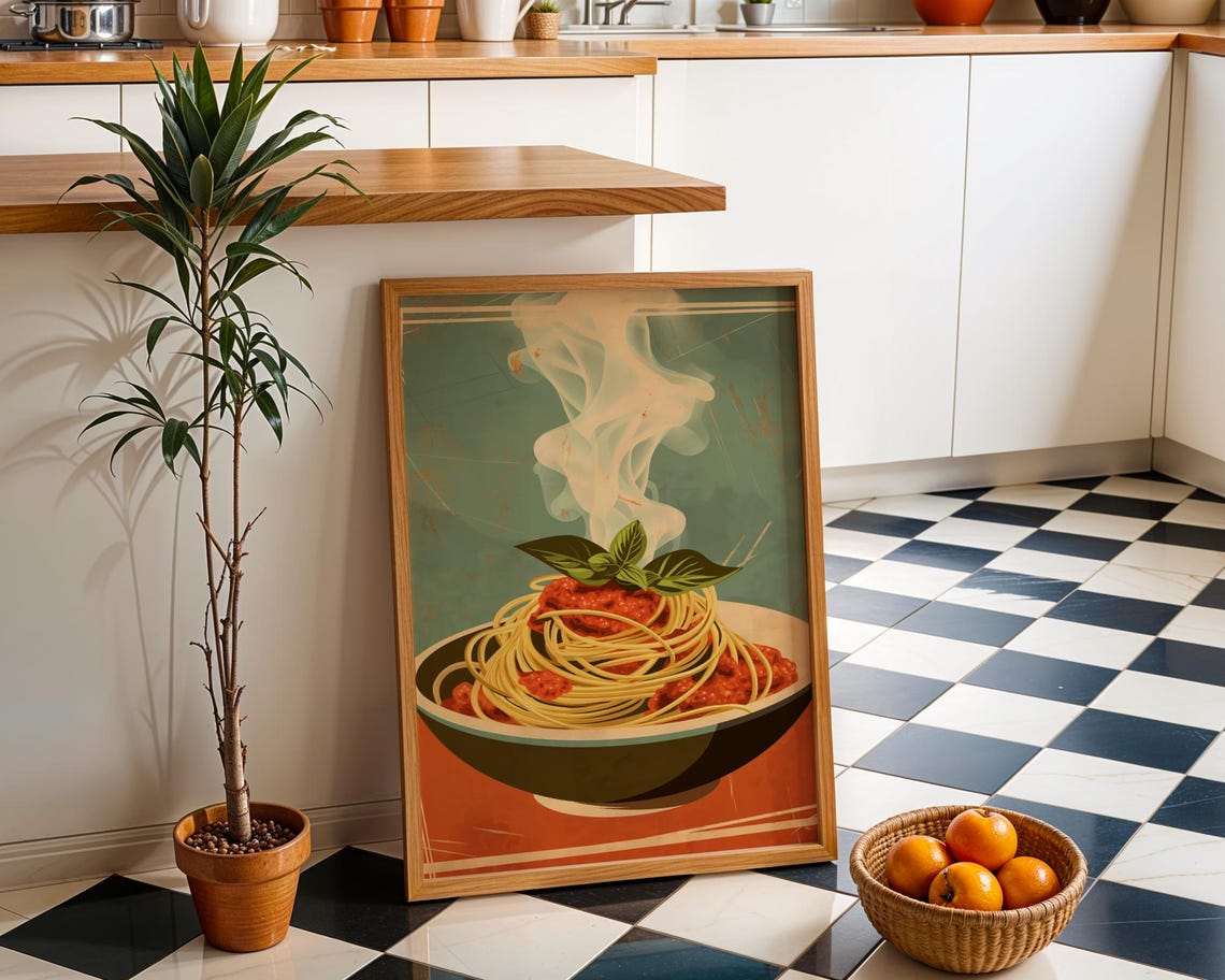 Retro Steaming Spaghetti Bowl Italian Kitchen Dinner Decor Poster